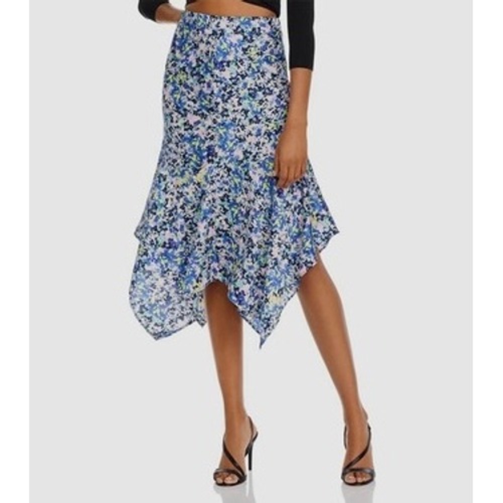 AQUA Women Blue Floral Handkerchief Hem Midi Skirt XS Satin Flared